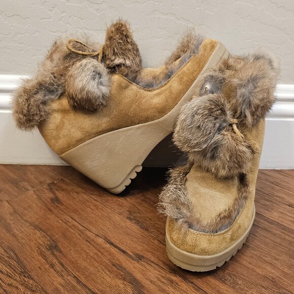 Coach Kataya camel suede rabbit fur wedge boots - Picture 5 of 10